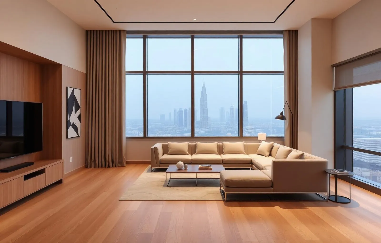 Minimalist Dubai apartment interior with skyline view